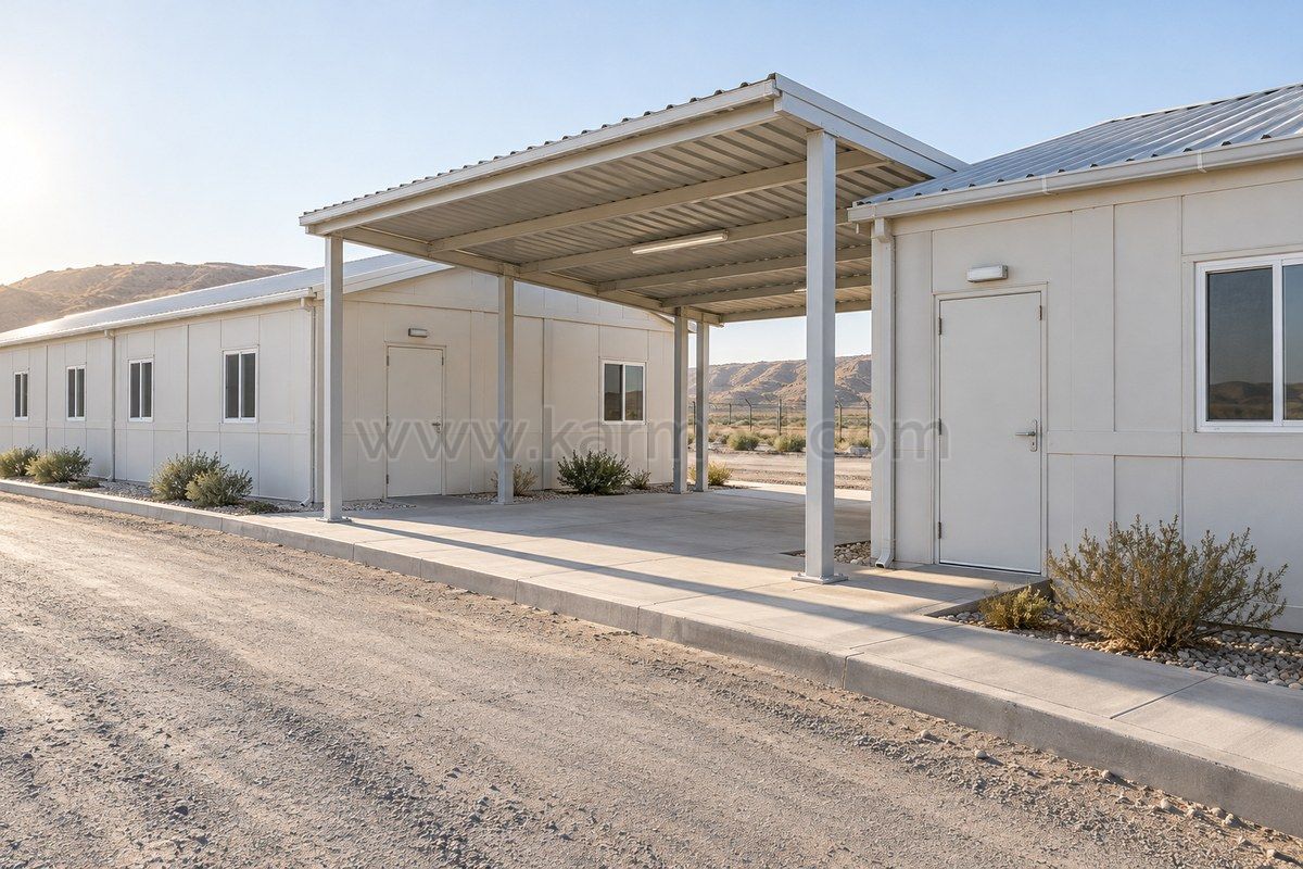 Deux bâtiments modulaires de plain-pied reliés par un passage couvert, avec accès piéton séparé de la voie de service