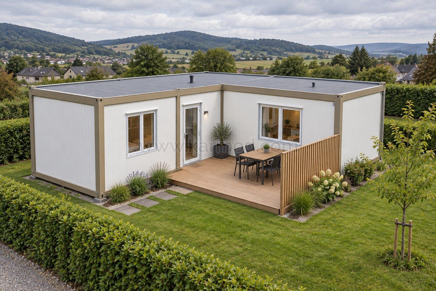 Deux modules clairs assemblés autour d’une terrasse avec écran en bois, dans un jardin bordé d’une haie