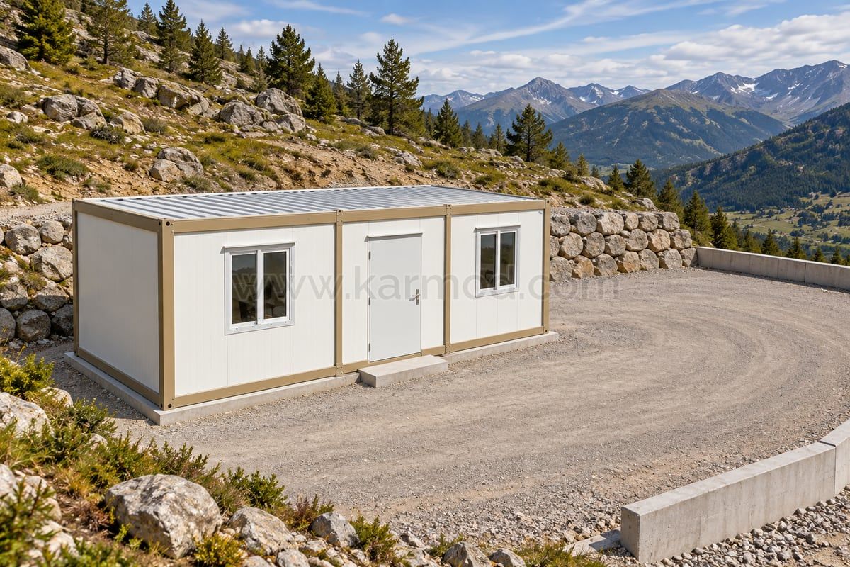 Módulo pré-fabricado sobre plataforma nivelada junto a uma estrada de montanha e muro de suporte