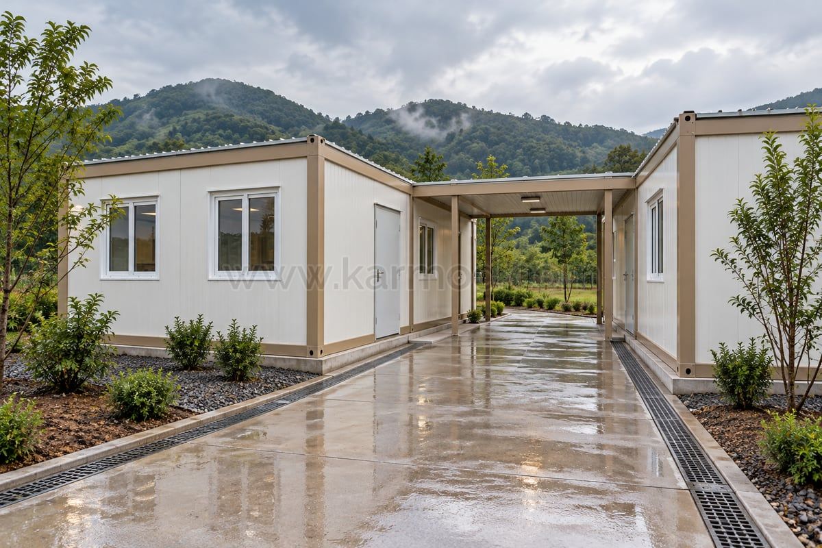 Dois blocos modulares ligados por passagem coberta com canais de drenagem junto ao pavimento exterior