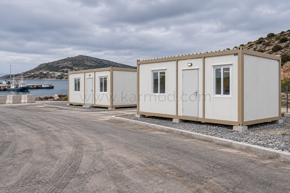 Dois módulos pré-fabricados colocados em plataformas preparadas numa área próxima de um porto