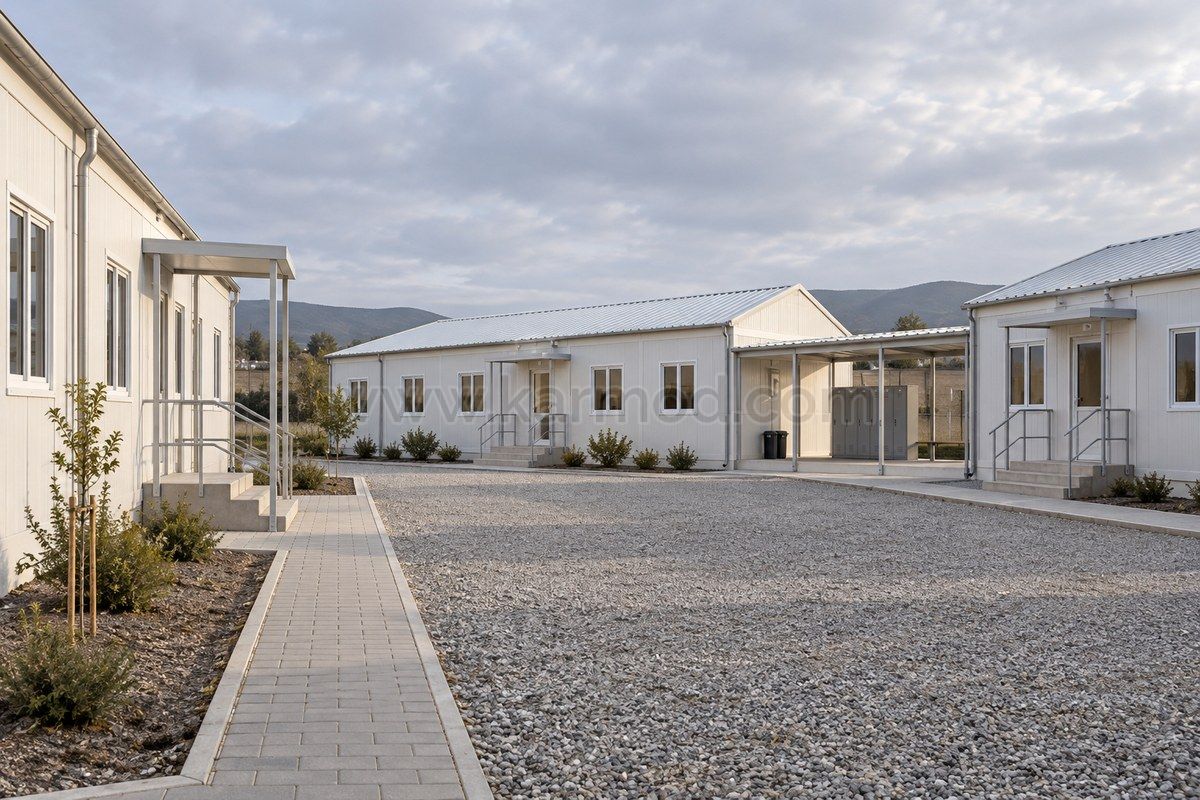 Patio entre módulos habitacionales con entradas protegidas y zona de taquillas