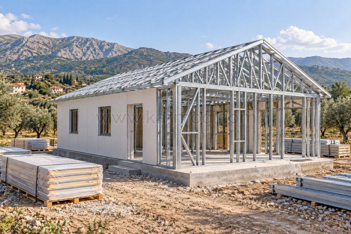 Montaje ilustrativo de una vivienda de una planta con estructura de acero y paneles en Albania