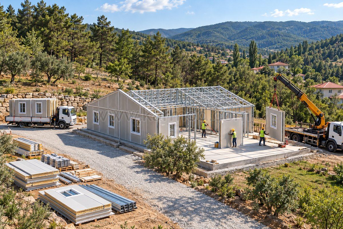Estructura de una casa en montaje con paneles preparados junto a un acceso amplio