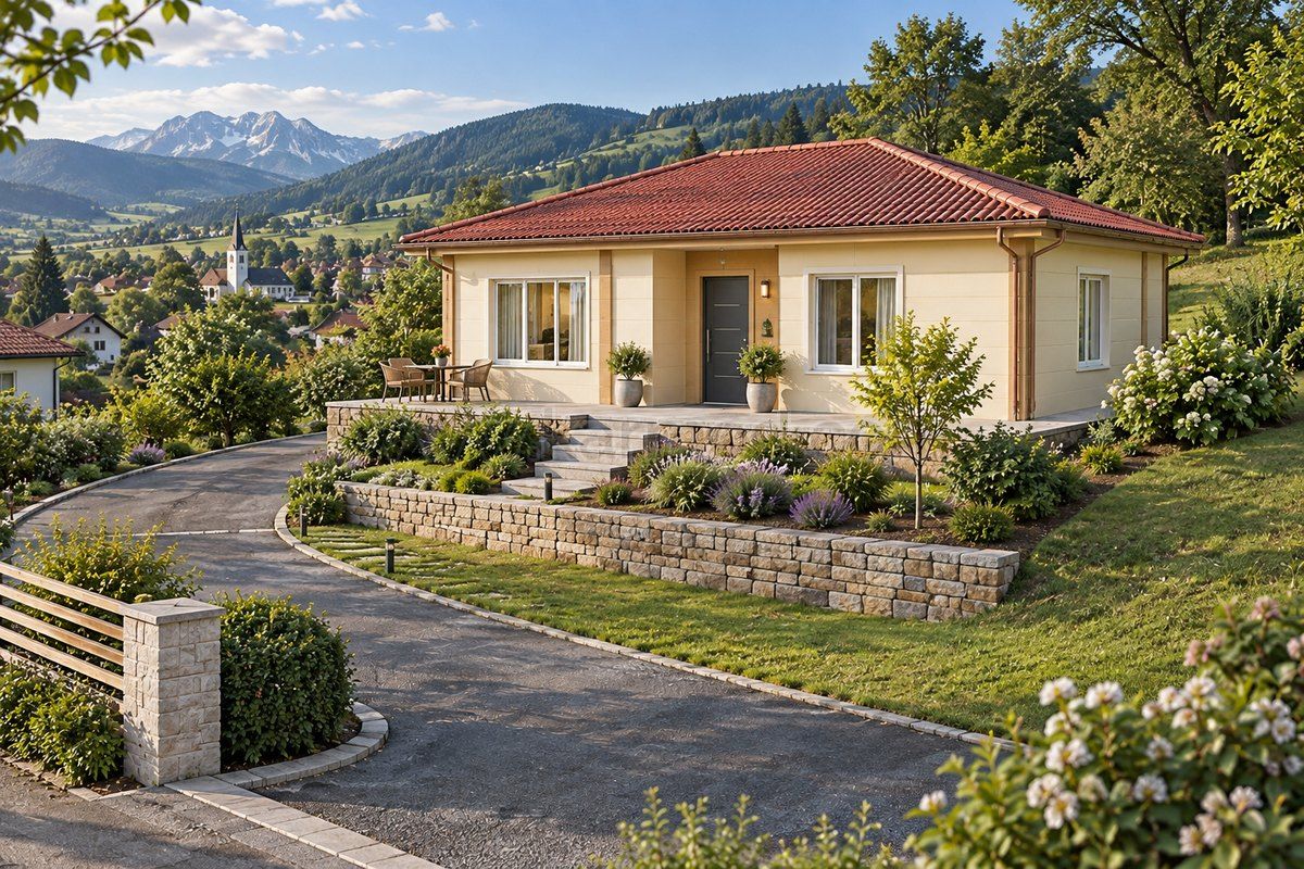 Casa prefabricada sobre una parcela en pendiente con acceso preparado, propuesta para Austria