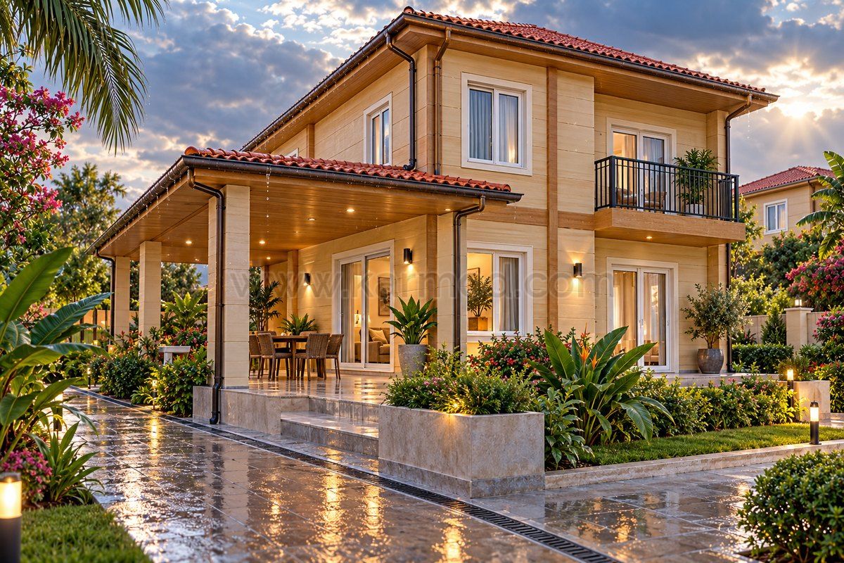 Vivienda con terraza cubierta, canalones y drenaje exterior junto al camino de entrada