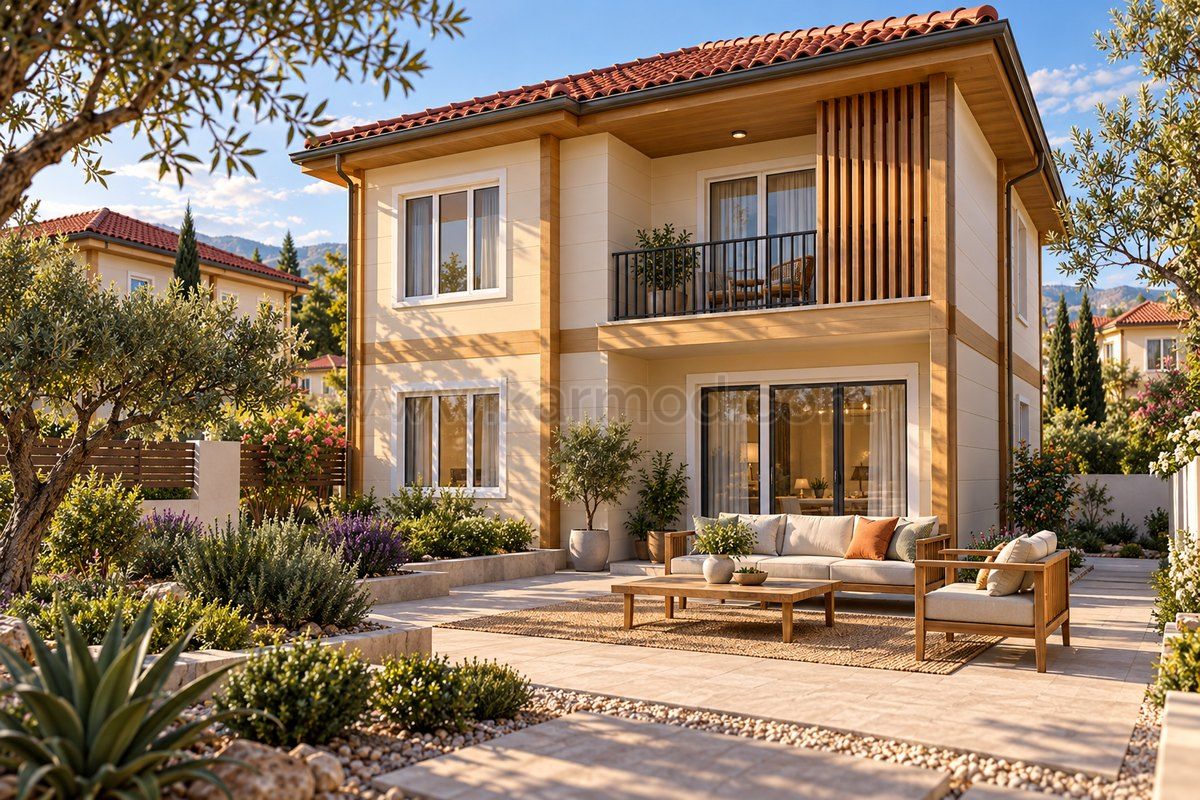 Patio de una vivienda prefabricada con protecciones solares verticales, propuesta para Emiratos Árabes Unidos