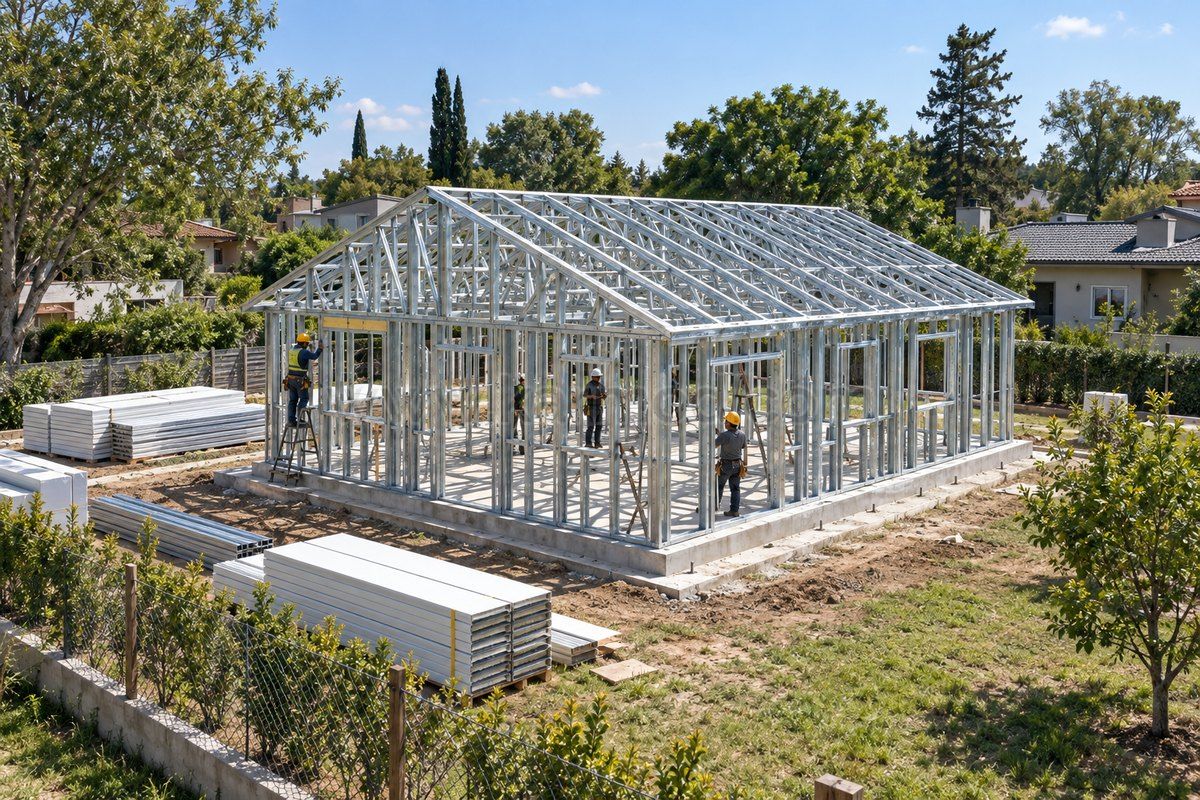 Estructura liviana de acero sobre una platea durante el montaje, propuesta para Argentina