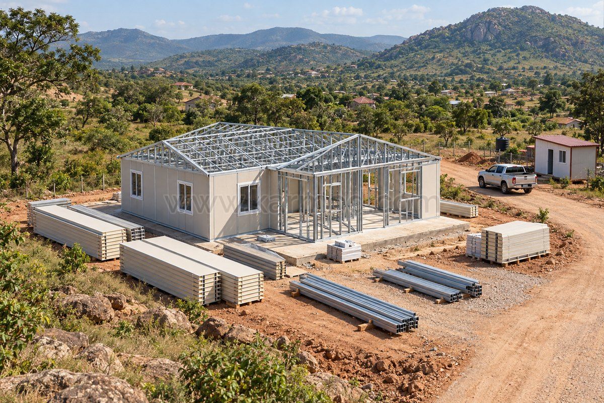 Estructura de una casa prefabricada y zona de acopio en una parcela, propuesta para Angola