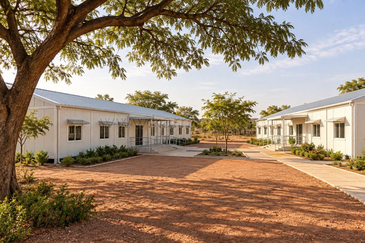 Illustration de deux pavillons scolaires modulaires avec porches couverts et cour ombragée par un arbre