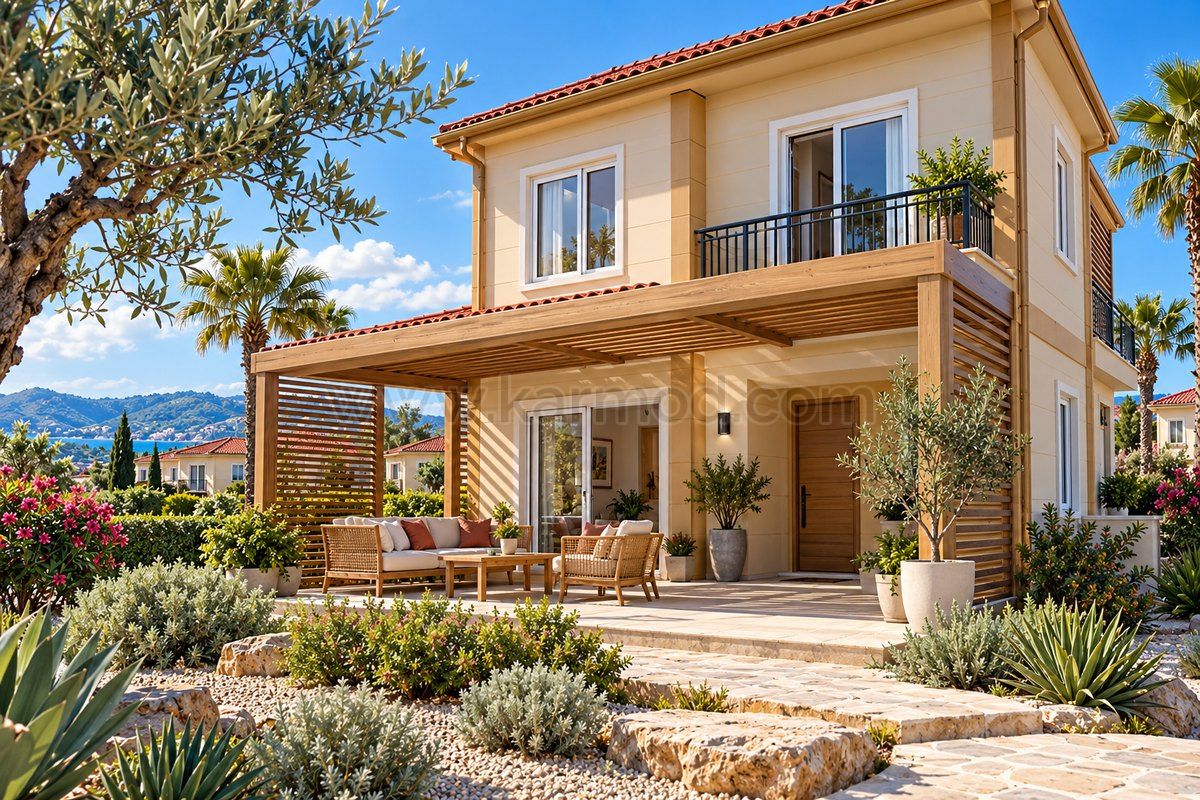Terraza de una vivienda prefabricada con pérgola y protecciones laterales de lamas