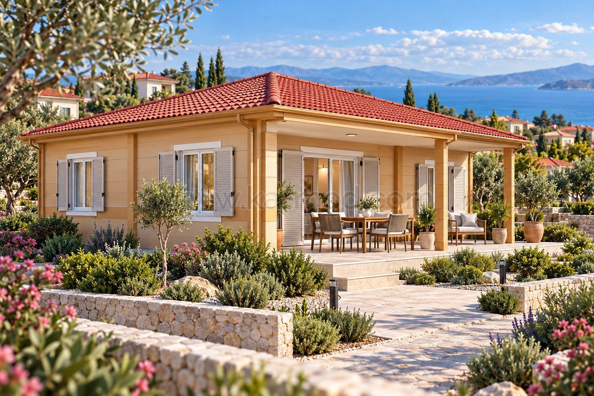Casa de una planta con terraza cubierta, contraventanas y jardín mediterráneo
