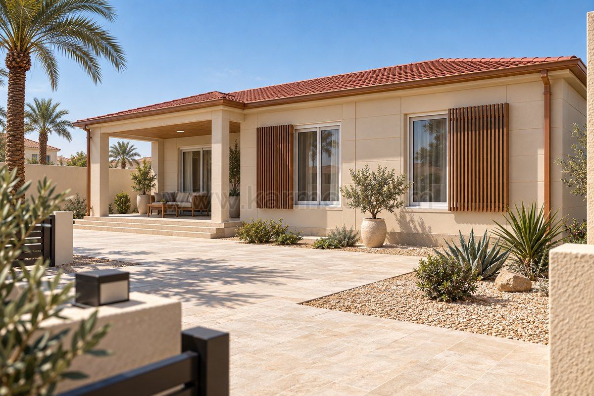 Ventanas con celosías y porche sombreado en una vivienda, propuesta para Arabia Saudí