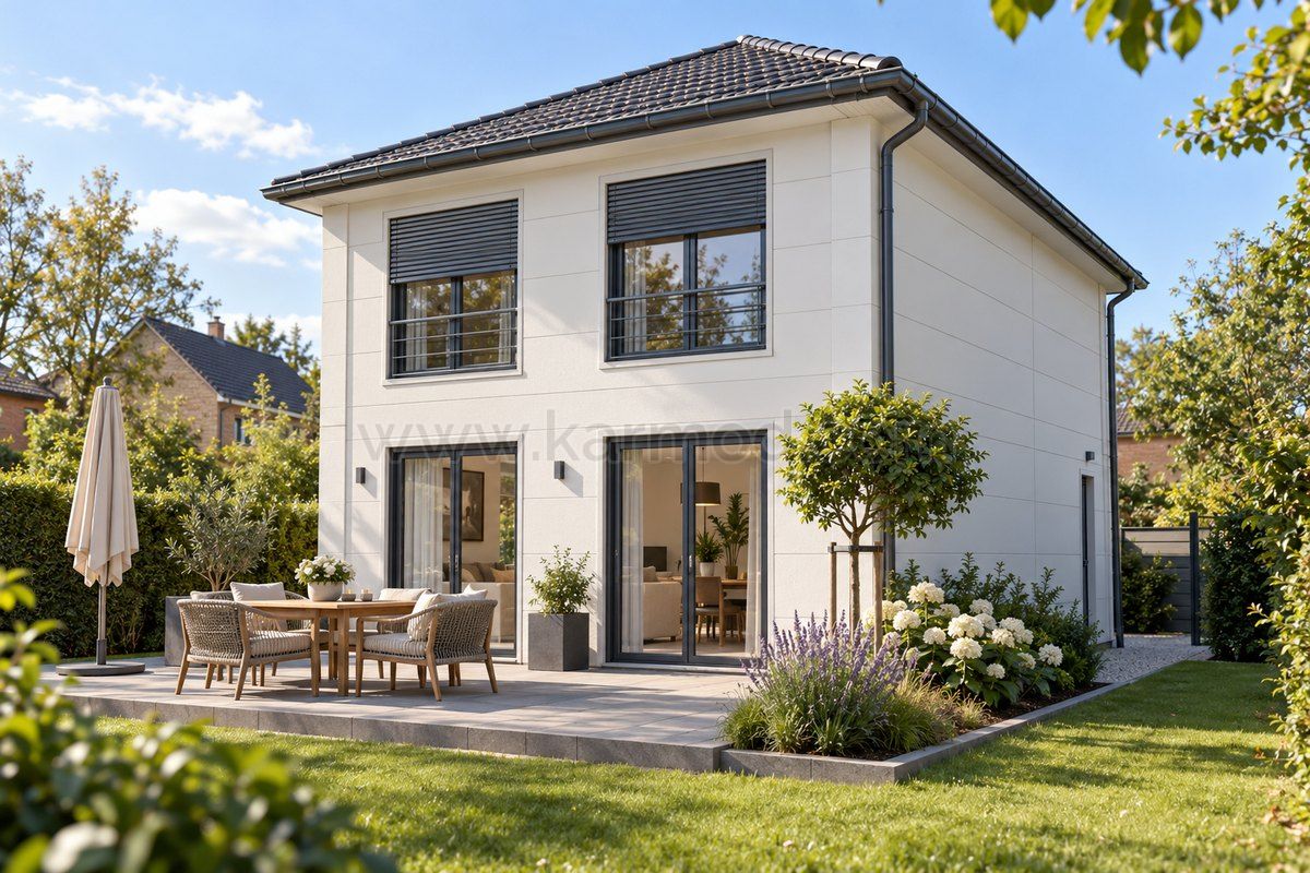 Fachada con ventanas y protección solar junto al jardín, propuesta para Bélgica