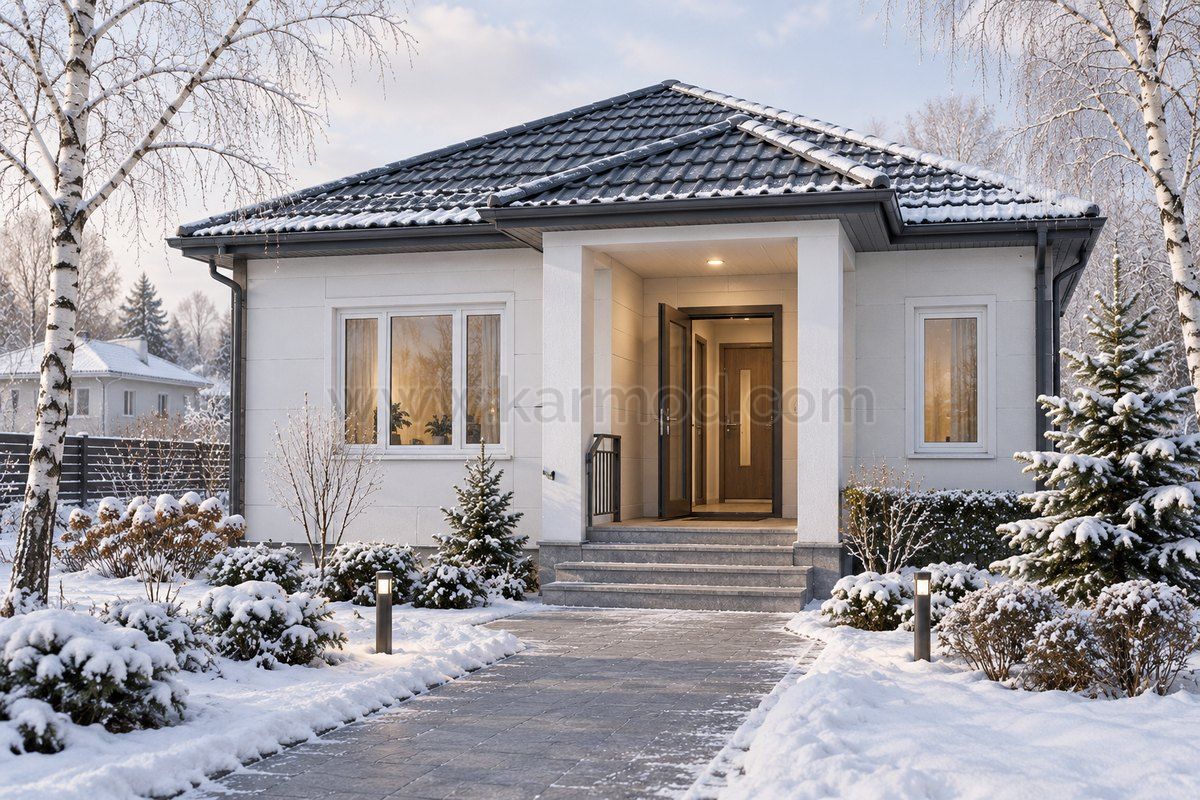 Vestíbulo y acceso cubierto de una vivienda durante el invierno, propuesta para Bielorrusia