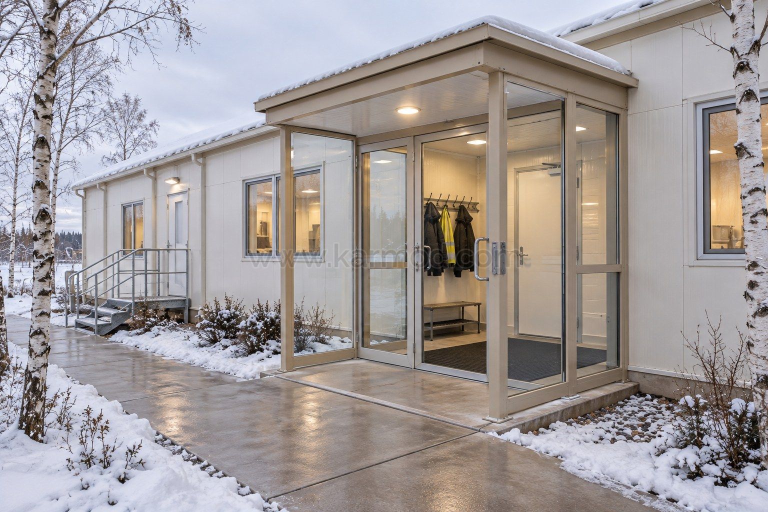Visualización de un edificio modular con vestíbulo acristalado, banco y zona para dejar ropa de trabajo junto a un acceso despejado de nieve.