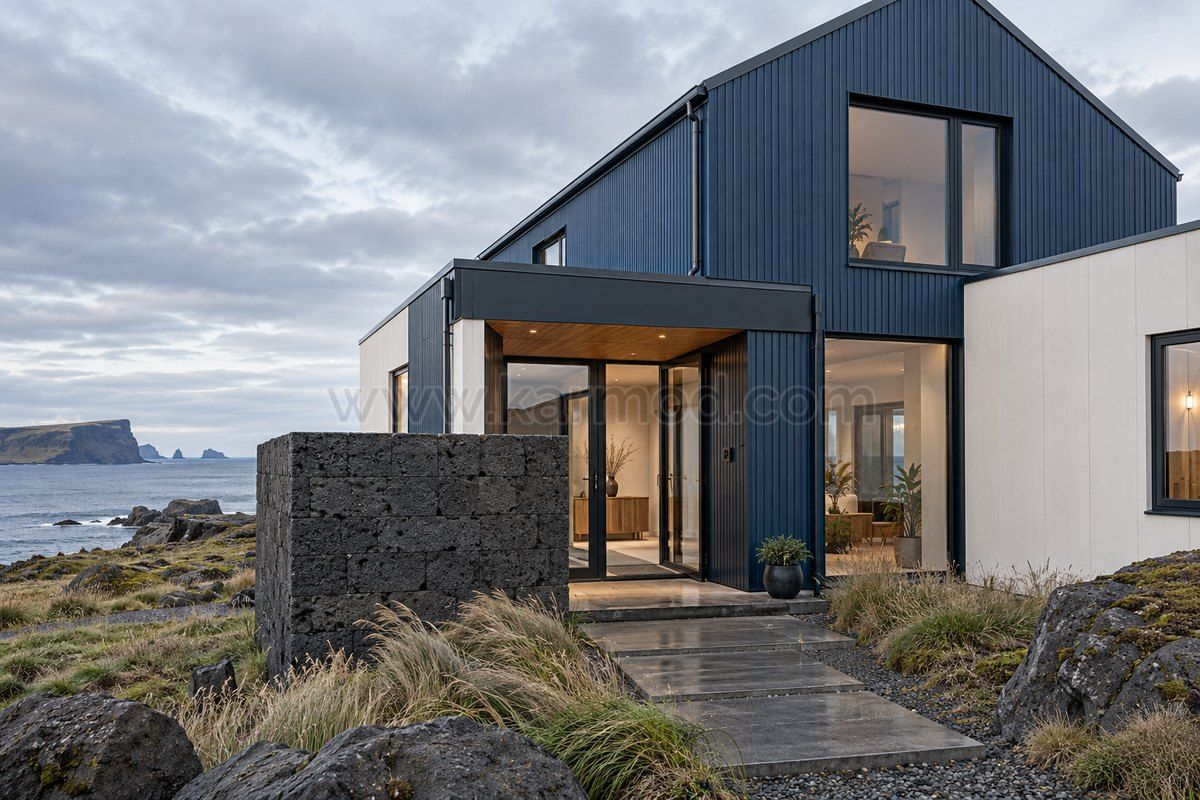Entrada acristalada y protegida de una casa prefabricada de dos plantas con revestimiento azul, propuesta para Islandia