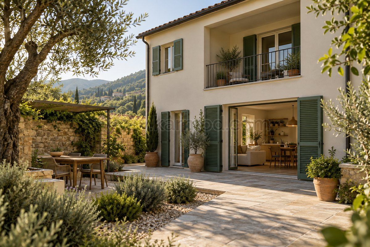 Patio junto a una vivienda prefabricada de dos plantas con contraventanas verdes y balcón retranqueado, propuesta para Italia