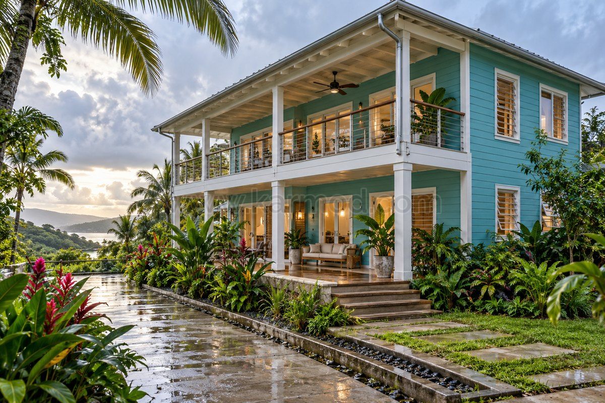 Veranda y balcón cubiertos de una vivienda prefabricada turquesa de dos plantas, propuesta residencial para Jamaica