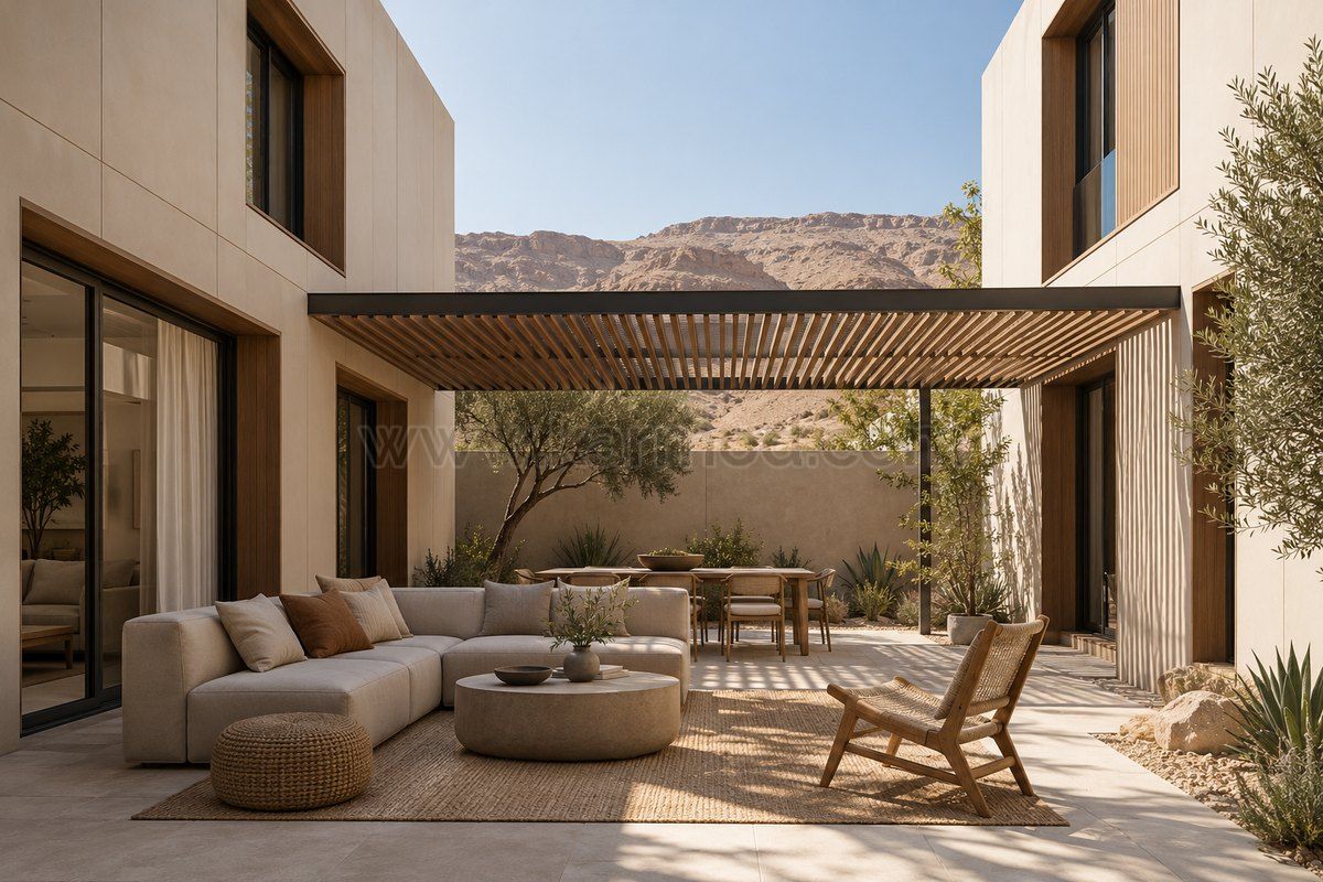 Patio sombreado entre casas prefabricadas de dos plantas con fachadas claras y celosías, propuesta para Jordania