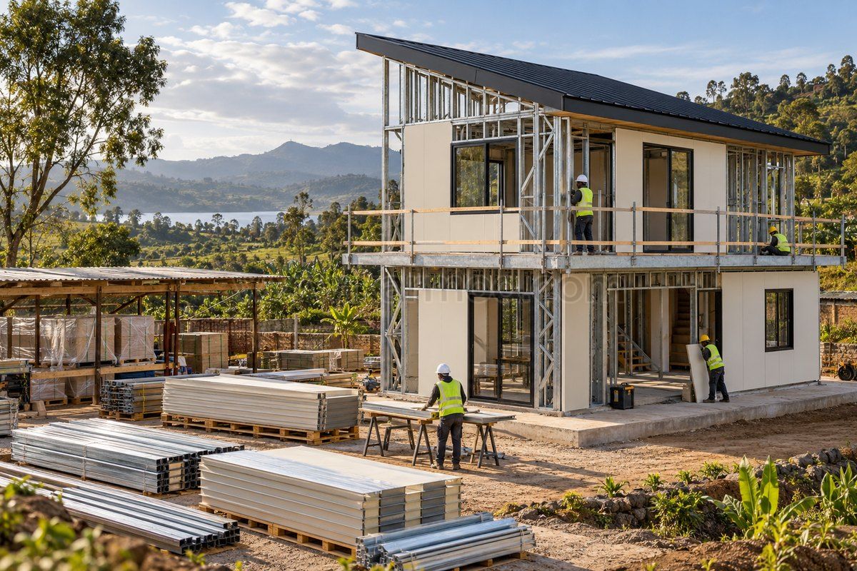 Visualización del montaje de una vivienda de dos plantas con estructura de acero en Kenia