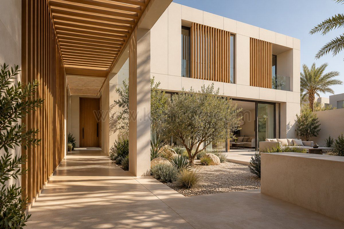 Visualización de una casa prefabricada de dos plantas con entrada sombreada y celosías en Kuwait
