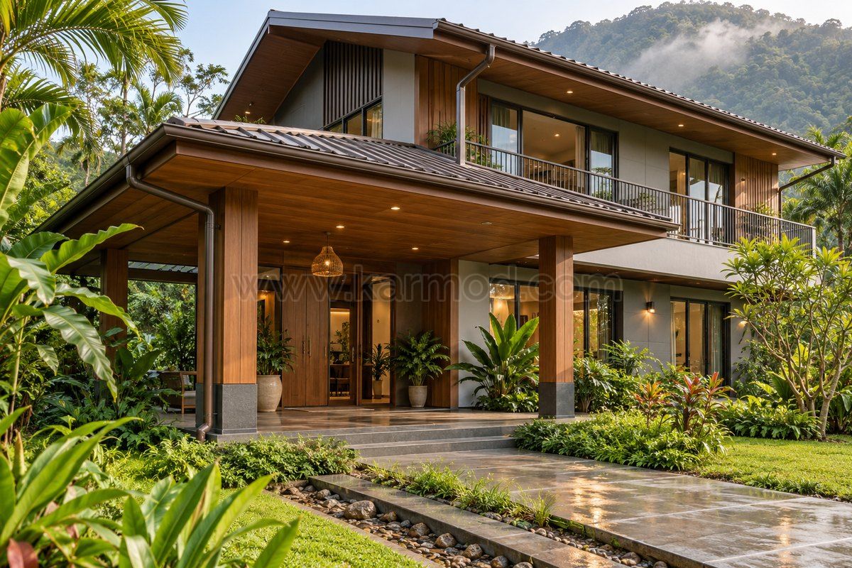 Propuesta de vivienda prefabricada de dos plantas con porche cubierto en un entorno de Laos
