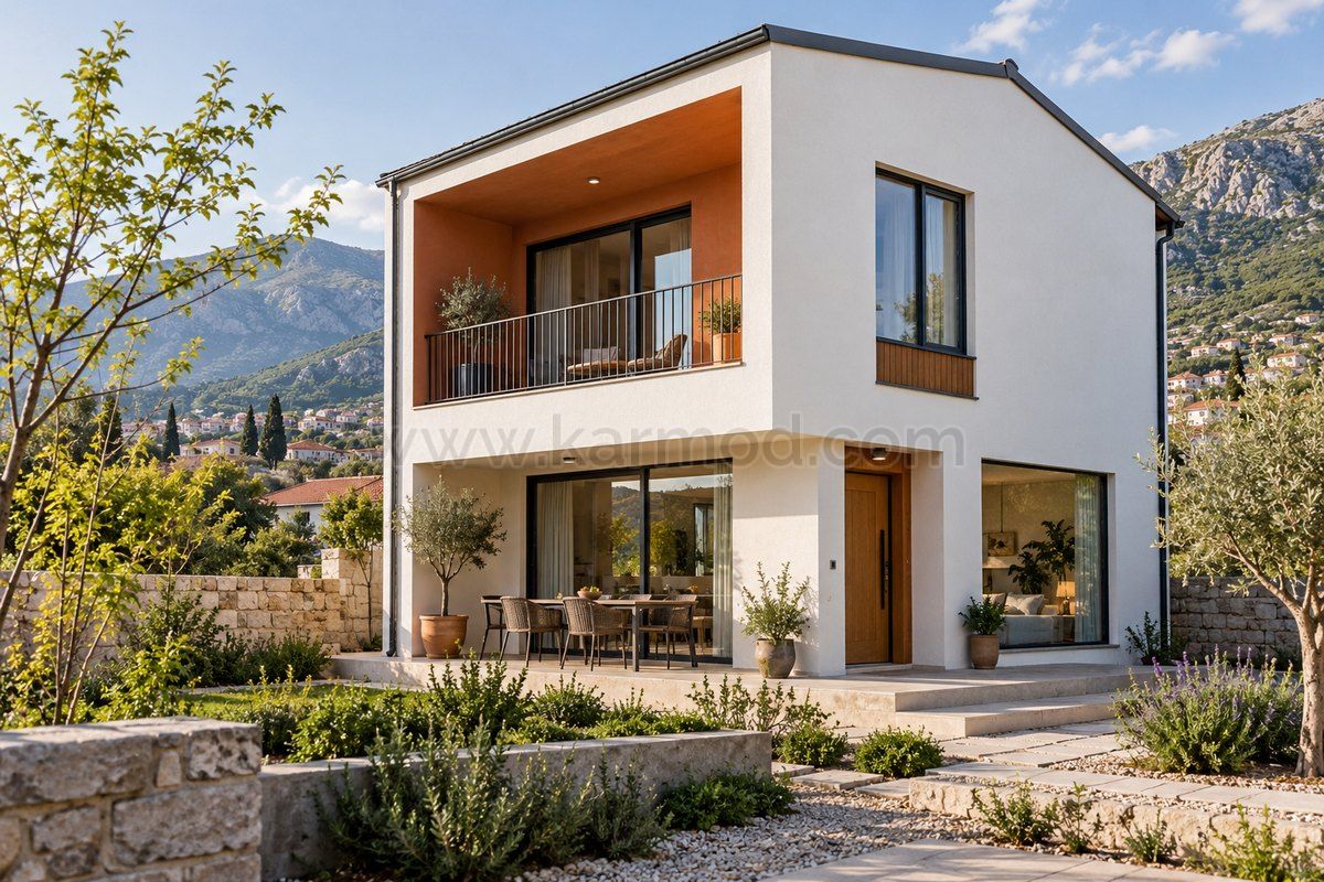 Visualización de una casa prefabricada con salida de la sala al jardín en Macedonia del Norte