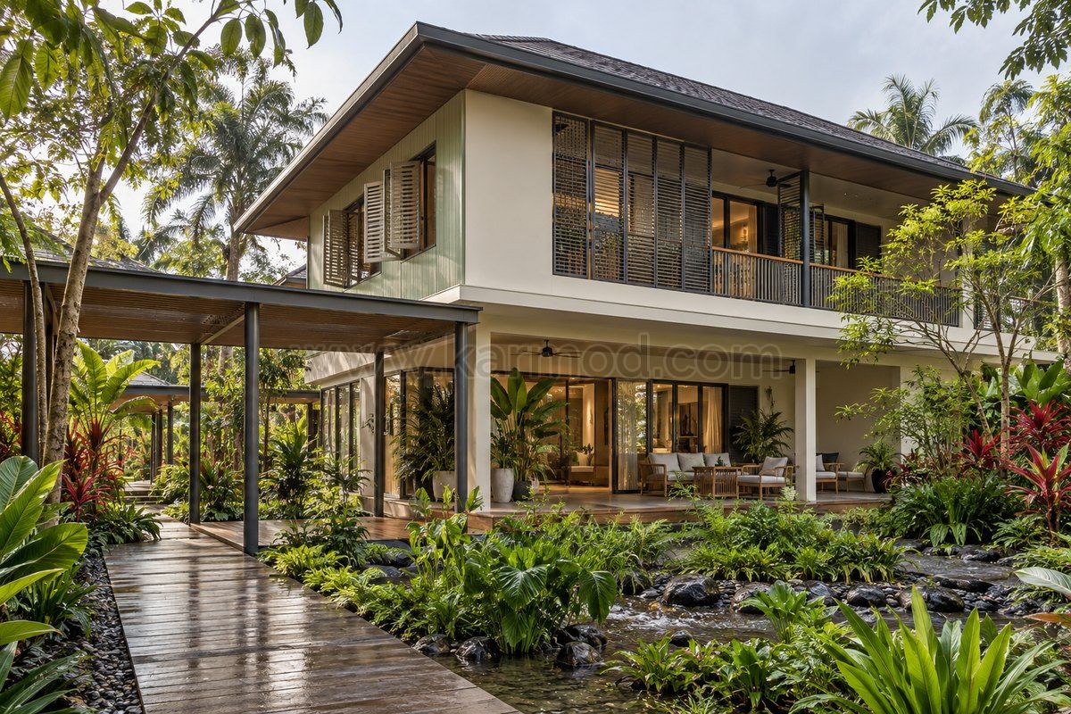 Propuesta de casa prefabricada con recorrido cubierto y balcón protegido en Malasia