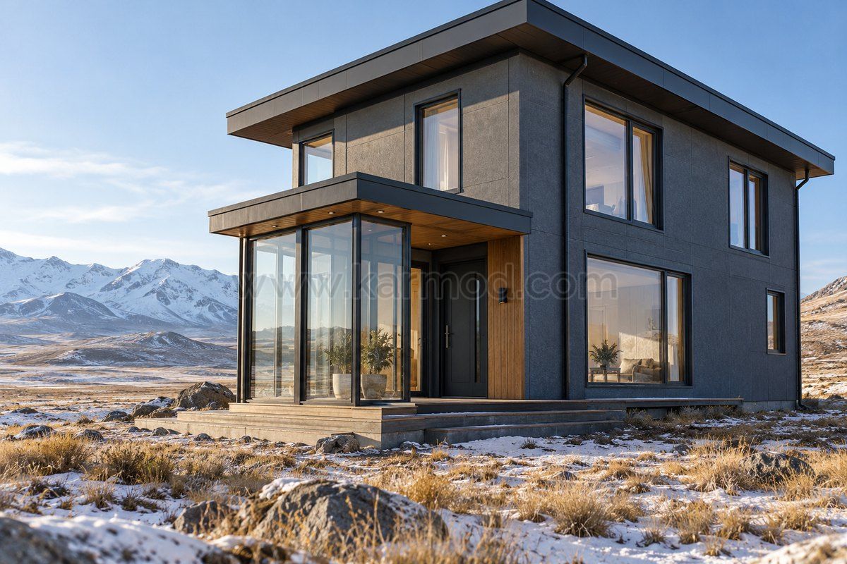 Visualización de una vivienda prefabricada con vestíbulo acristalado protegido para Mongolia