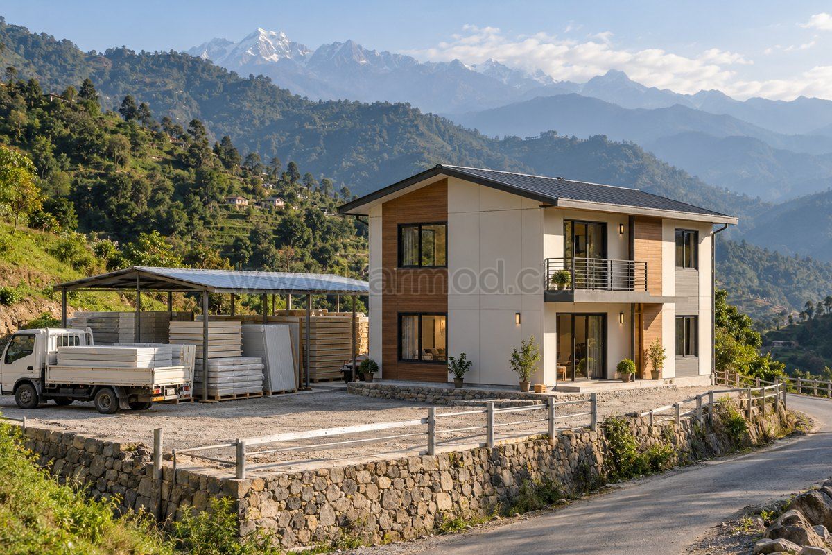 Propuesta de entrega de paneles prefabricados junto a una parcela de montaña para una vivienda en Nepal