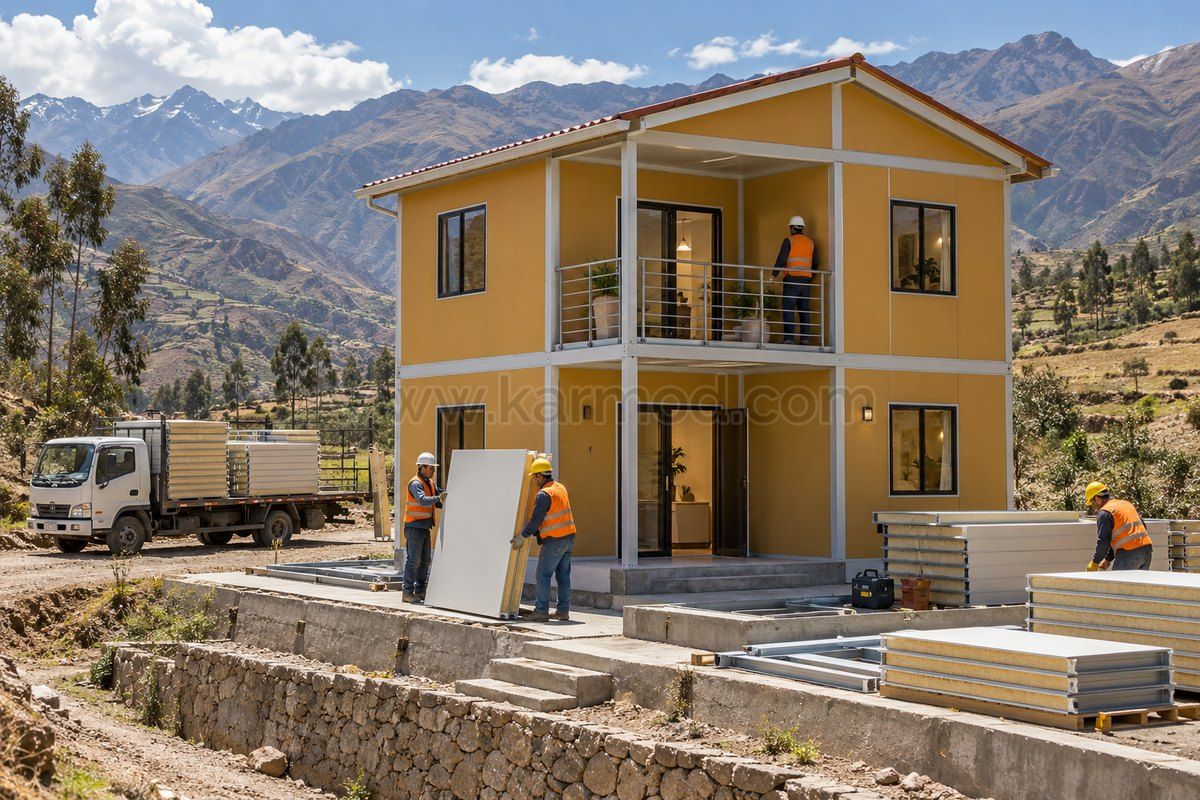 Escena conceptual de montaje de una vivienda de dos pisos sobre una plataforma preparada, con paneles y camión de entrega.