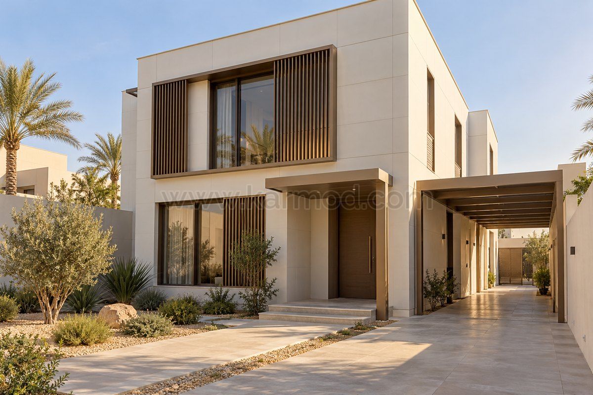 Concepto de villa de dos plantas con fachada marfil, protección solar vertical y paso lateral cubierto.