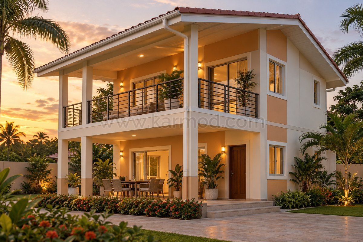 Casa conceptual de dos niveles con balcón sombreado, galería en planta baja y patio tropical.