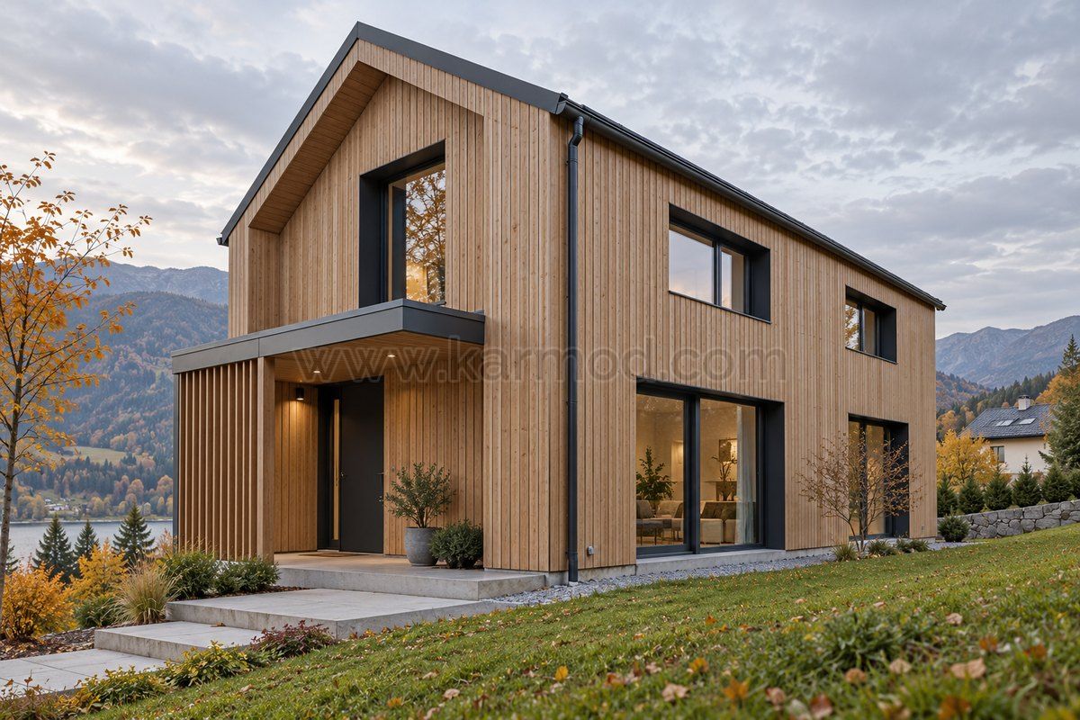 Propuesta de vivienda prefabricada de dos plantas con fachada de madera y entrada cubierta para Eslovenia