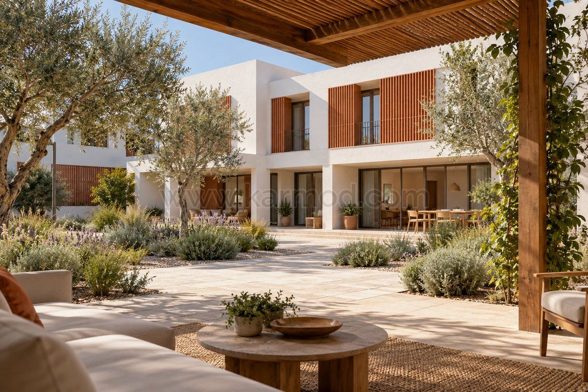 Patio con olivos y protecciones solares en una propuesta de casas prefabricadas de dos plantas para España