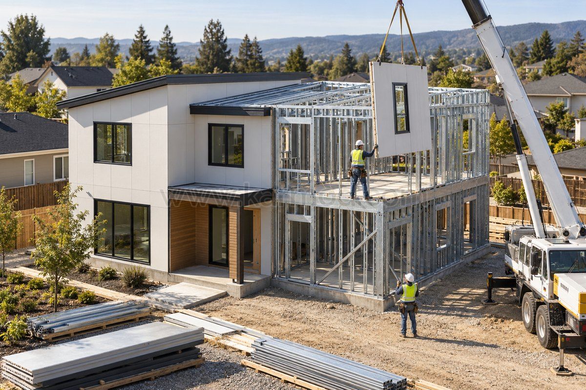 Visualización del montaje por paneles de una vivienda prefabricada de dos plantas con estructura de acero