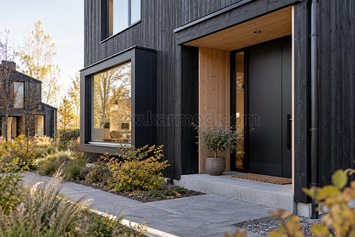 Entrada protegida y ventana saliente de una vivienda prefabricada con revestimiento oscuro, propuesta para Estonia