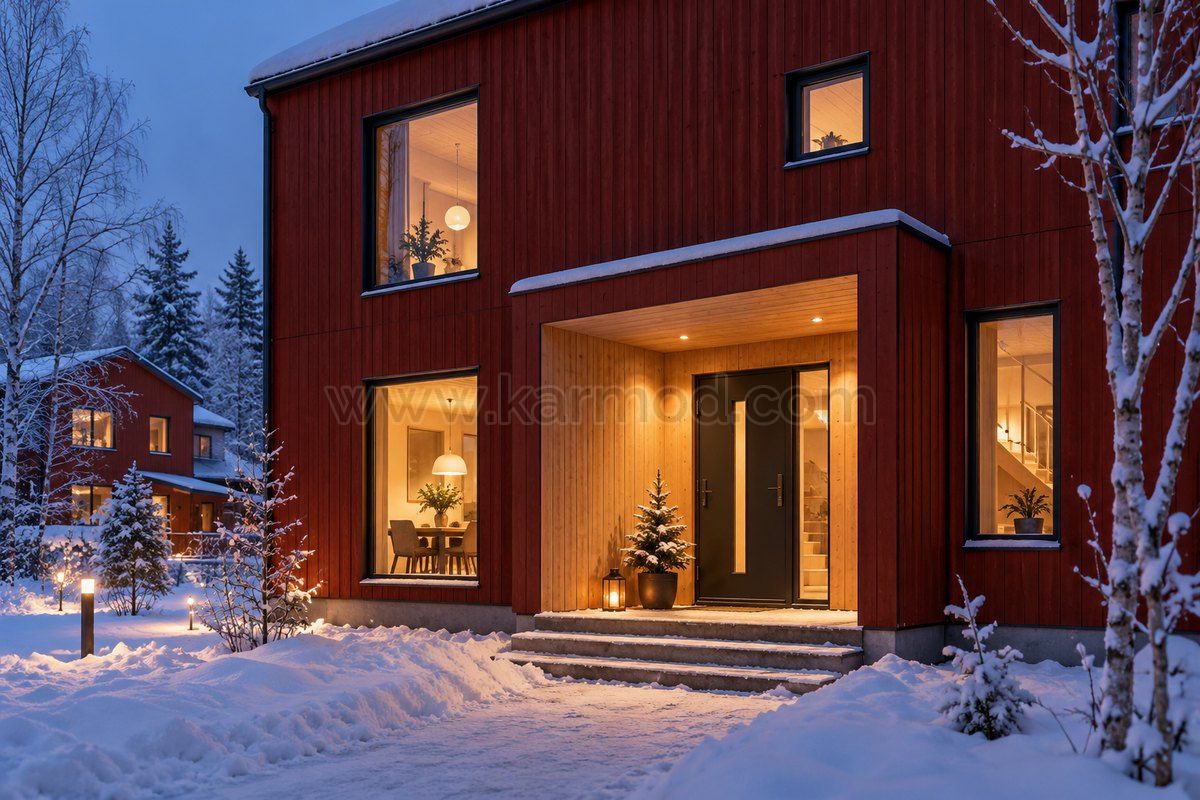 Acceso resguardado de una vivienda prefabricada roja de dos plantas en una visualización invernal para Finlandia