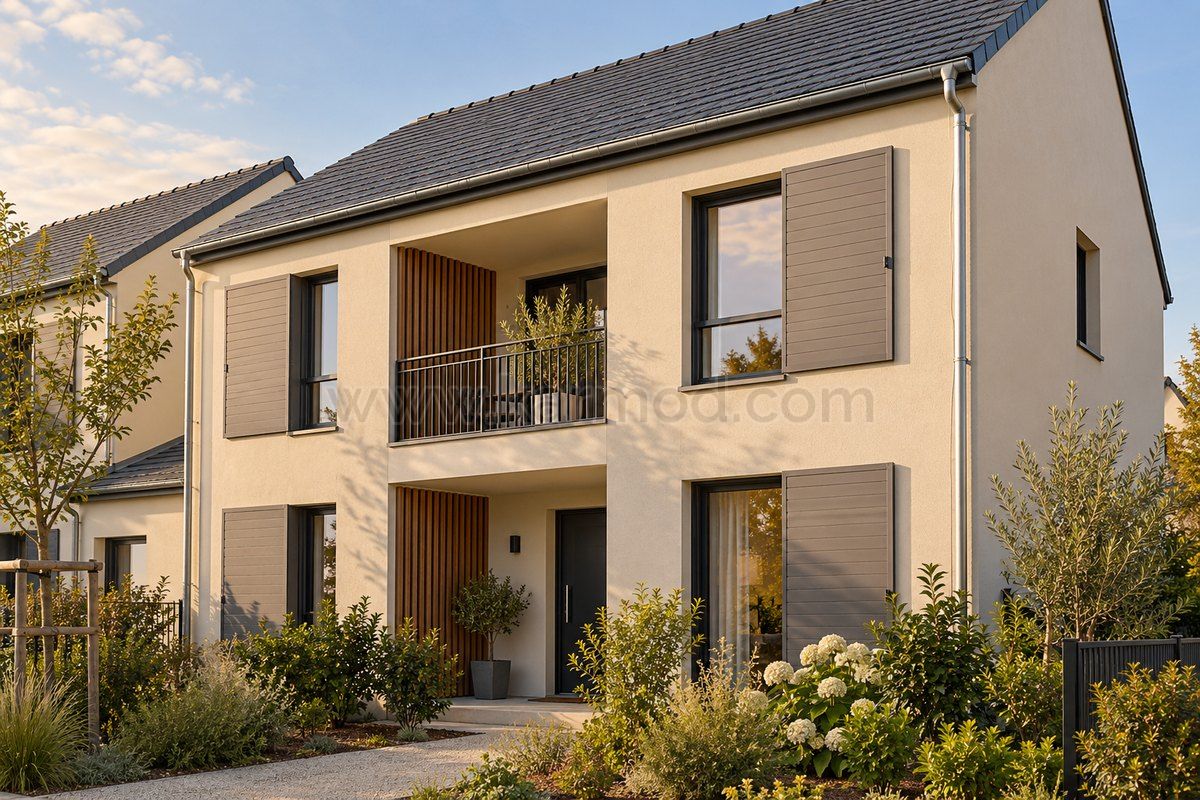 Casa prefabricada de dos plantas con contraventanas y balcón retranqueado, propuesta residencial para Francia