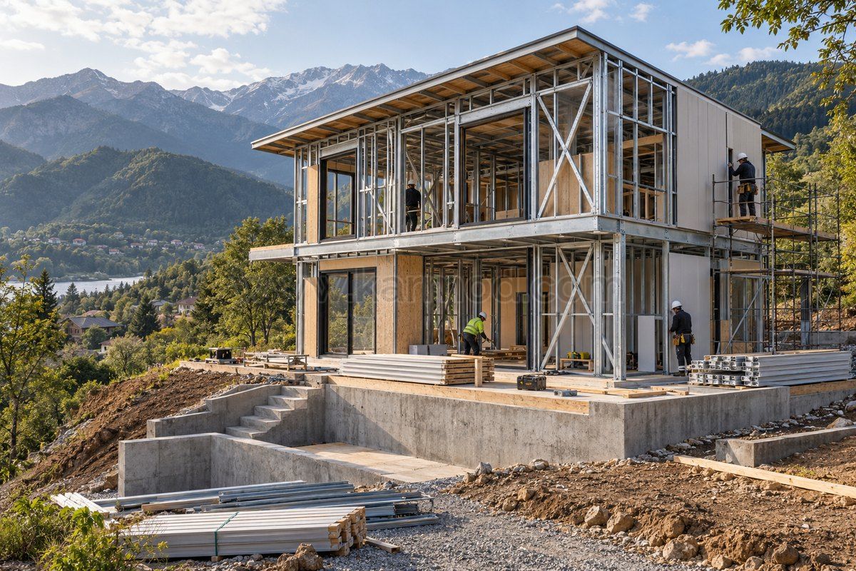 Visualización de una casa de dos plantas con estructura ligera de acero sobre una base escalonada