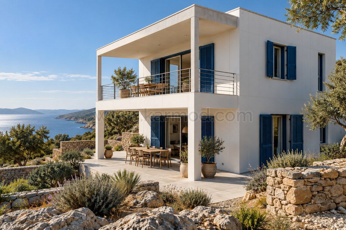 Vivienda prefabricada blanca de dos plantas con contraventanas azules y balcón sombreado, propuesta para Grecia