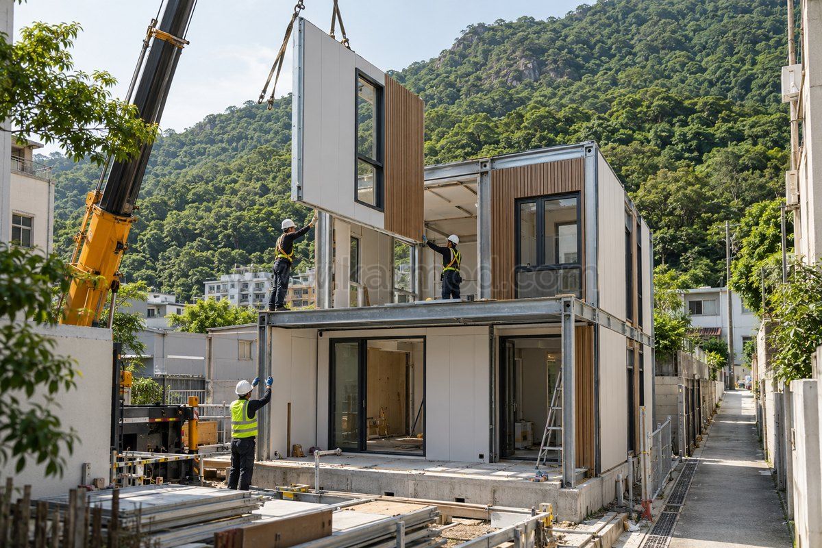Visualización de montaje de una vivienda modular de dos plantas en una parcela de acceso estrecho