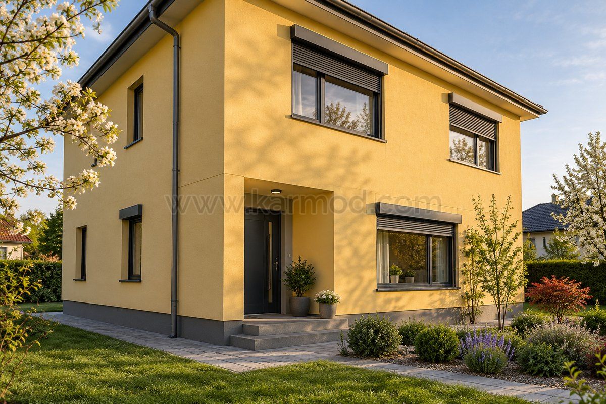 Casa prefabricada amarilla de dos plantas con acceso retranqueado y jardín, propuesta para Hungría