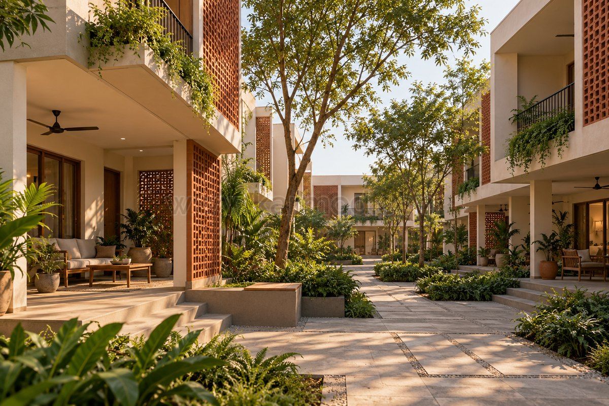 Patio sombreado entre viviendas prefabricadas de dos plantas con celosías de terracota, propuesta para India
