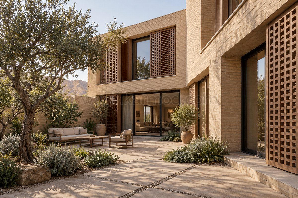 Patio privado de una vivienda prefabricada de dos plantas con fachada de tono ladrillo y celosías