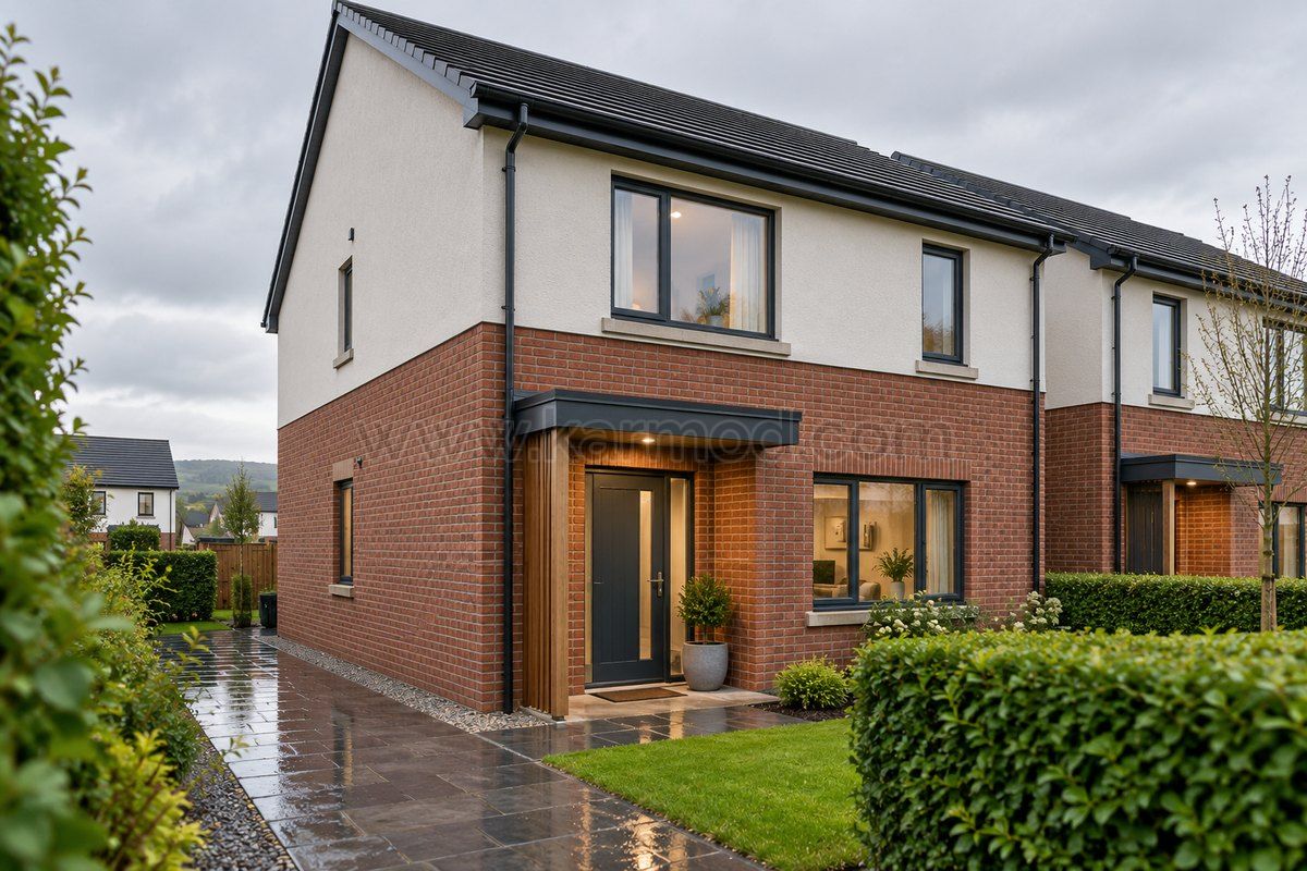 Vivienda prefabricada de dos plantas con fachada combinada, porche y jardín húmedo, propuesta para Irlanda