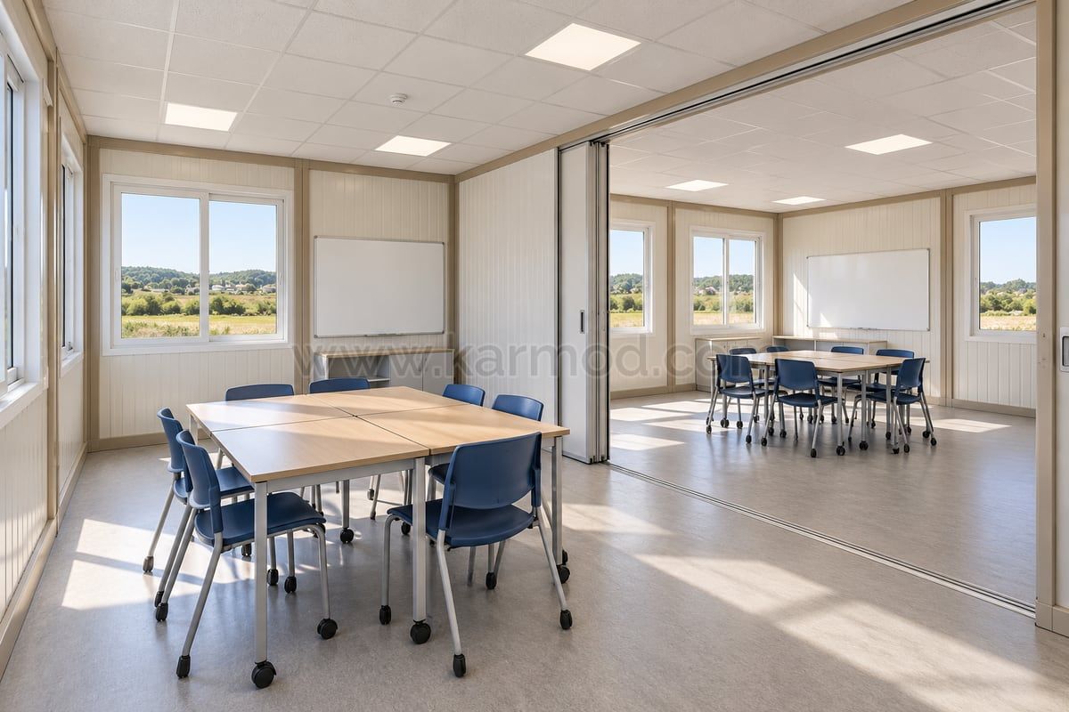 Interior de sala modular de formação com mesas em grupos, divisória e janelas em duas fachadas