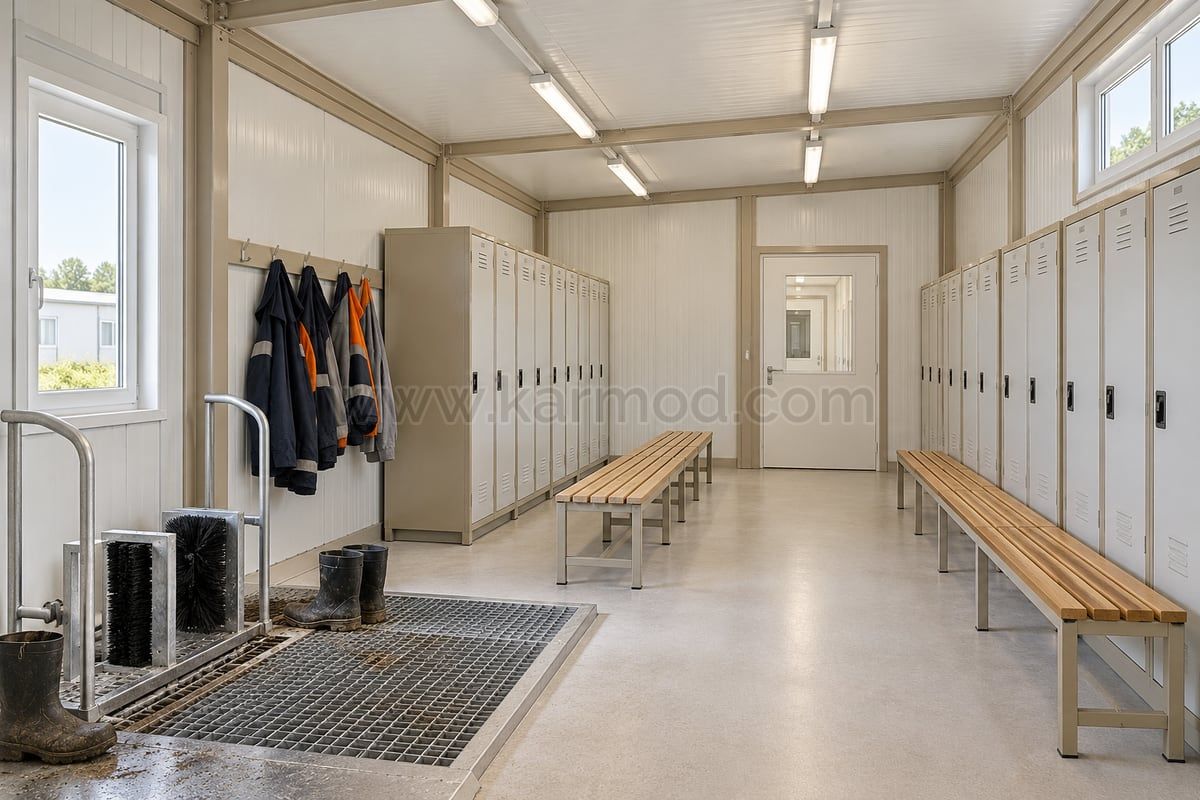 Interior de vestiário modular com bancos, armários e zona de entrada para limpeza do calçado